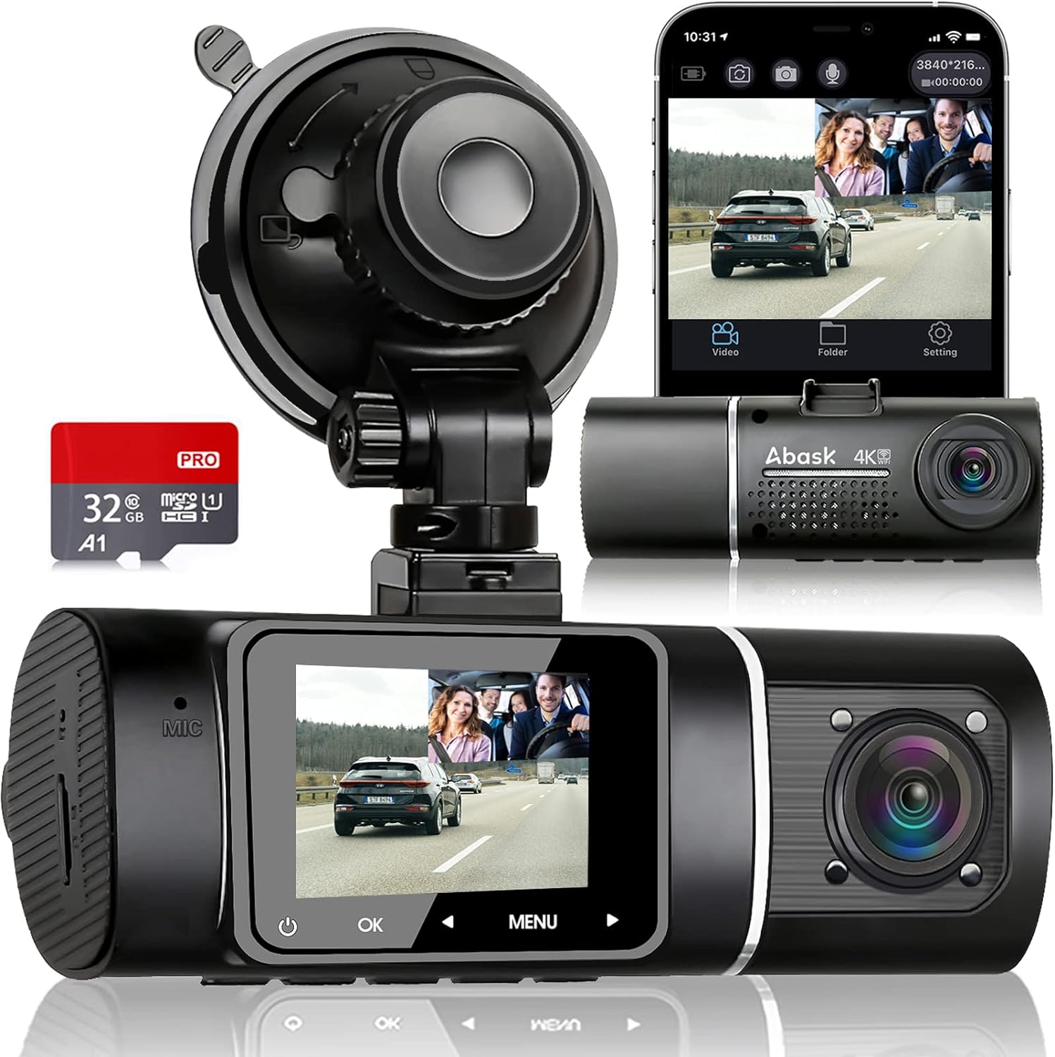 Abask J05 PRO Front 4K 2160P+Inside 1080P Dual Dash Cam with WIFI