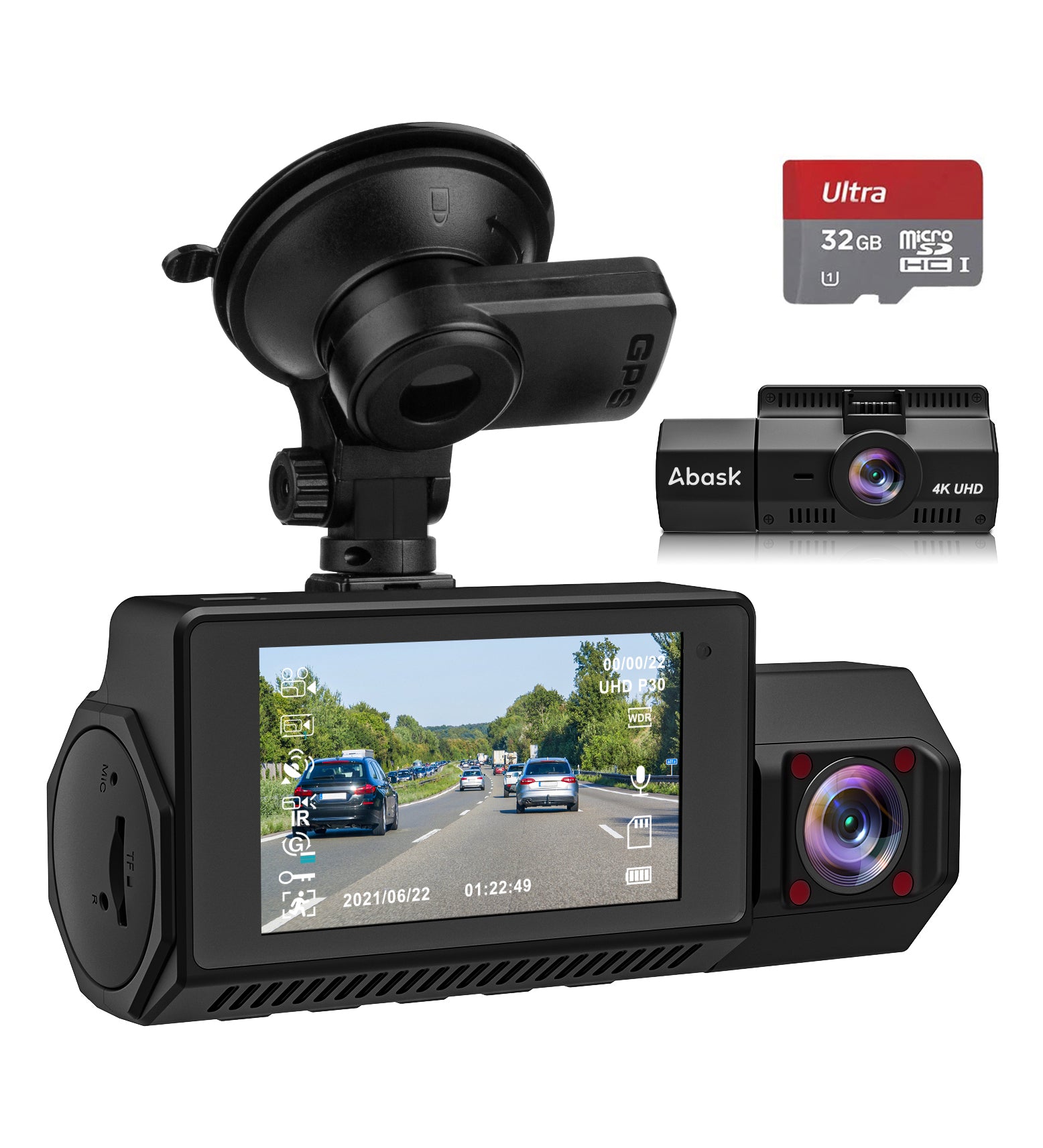 4K Dual Dash Cam GPS WiFi Car Camera, 2160P+1080P Front and Inside IR Night Vision Interior Dash Cameras, Wireless Dashboard Camera w/Suction and