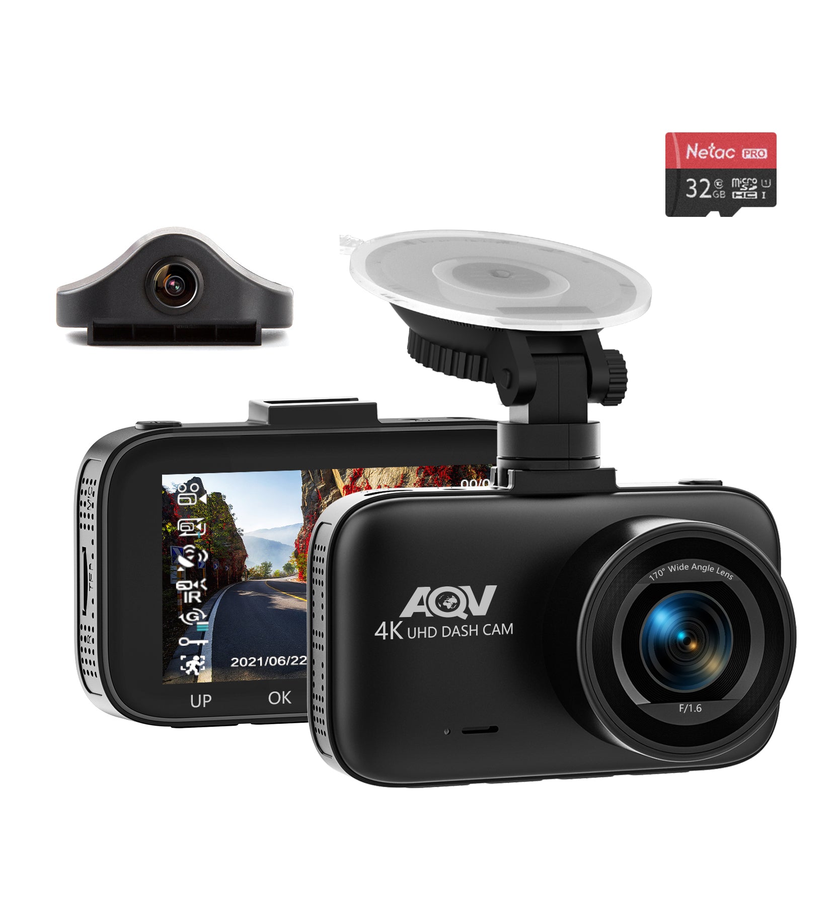 Abask A8 Dashcam Front and Inside 4K 1080P Dual cam - Angle 170°/140° With  Night Vision，GPS，Parking Mode，G-Sensor，Loop Recording，WDR - With 32GB Card